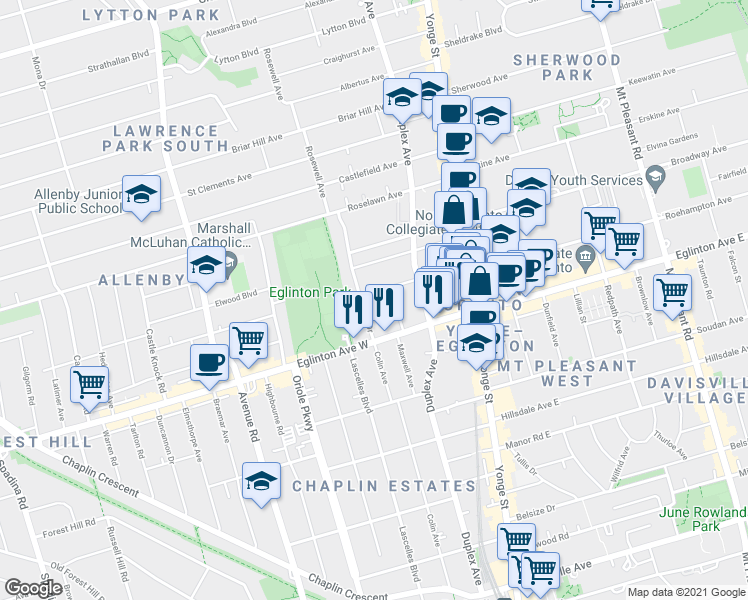 map of restaurants, bars, coffee shops, grocery stores, and more near 127 Orchard View Boulevard in Toronto
