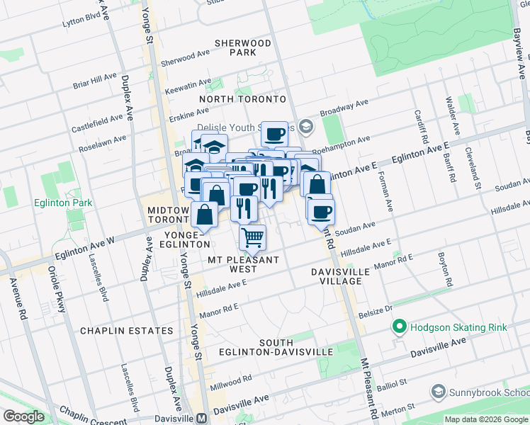 map of restaurants, bars, coffee shops, grocery stores, and more near 108 Redpath Avenue in Toronto