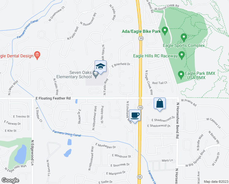 map of restaurants, bars, coffee shops, grocery stores, and more near 2512 East Ashbrook Court in Eagle