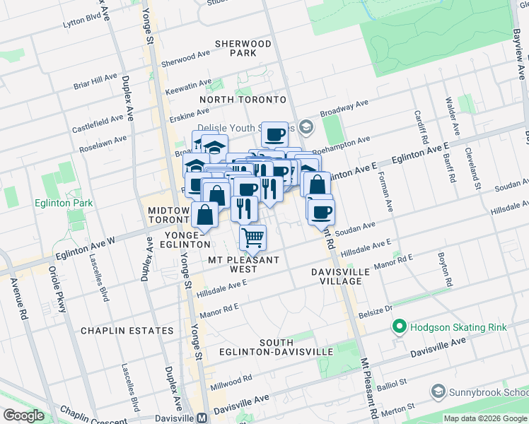 map of restaurants, bars, coffee shops, grocery stores, and more near 99 Redpath Avenue in Toronto