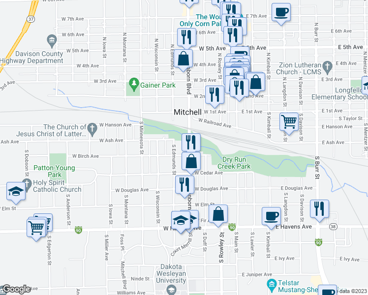 map of restaurants, bars, coffee shops, grocery stores, and more near 400 West Birch Avenue in Mitchell