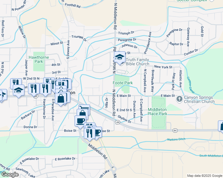 map of restaurants, bars, coffee shops, grocery stores, and more near 73 North Middleton Road in Middleton