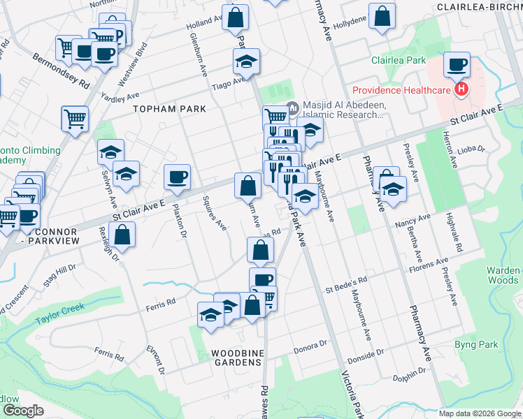 map of restaurants, bars, coffee shops, grocery stores, and more near in Toronto