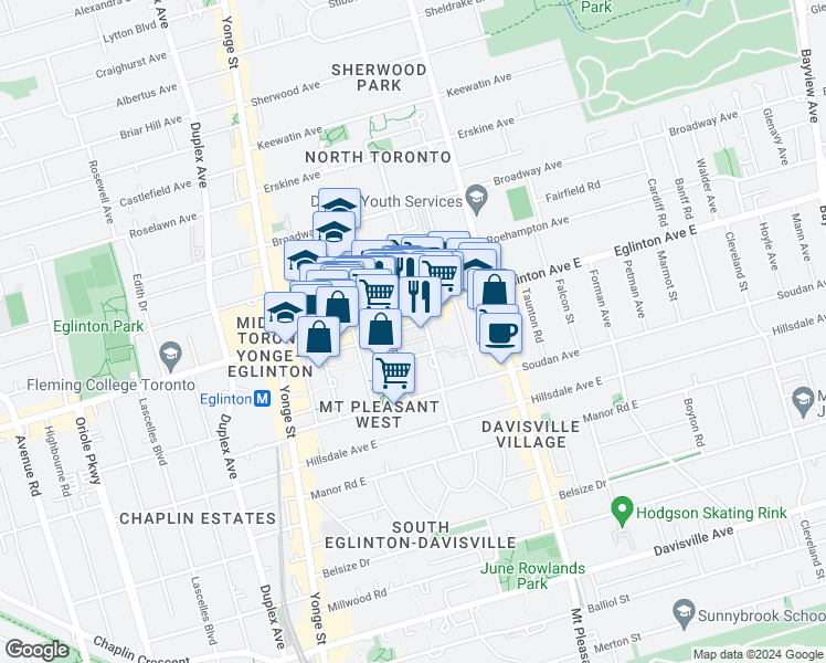 map of restaurants, bars, coffee shops, grocery stores, and more near 98 Lillian Street in Toronto