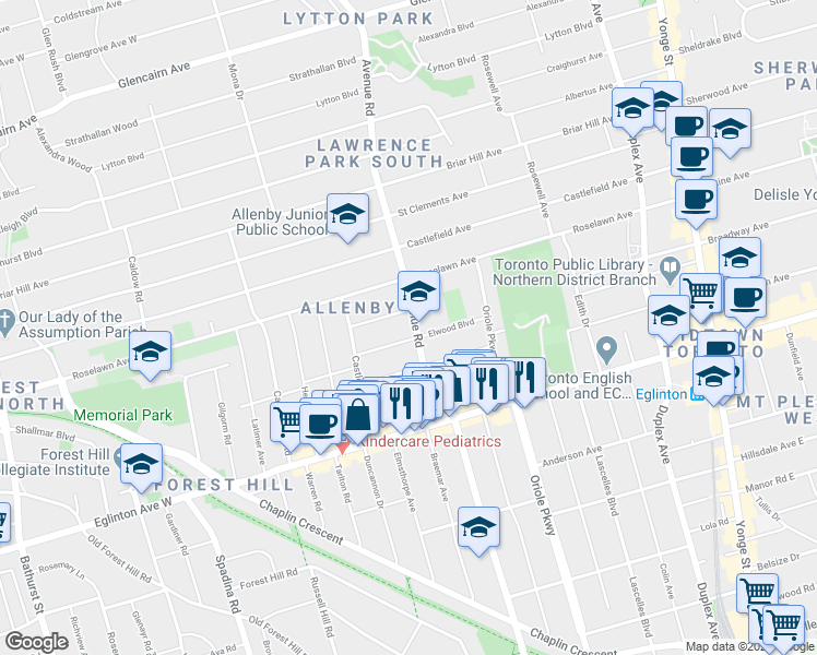 map of restaurants, bars, coffee shops, grocery stores, and more near 1084 Avenue Road in Toronto