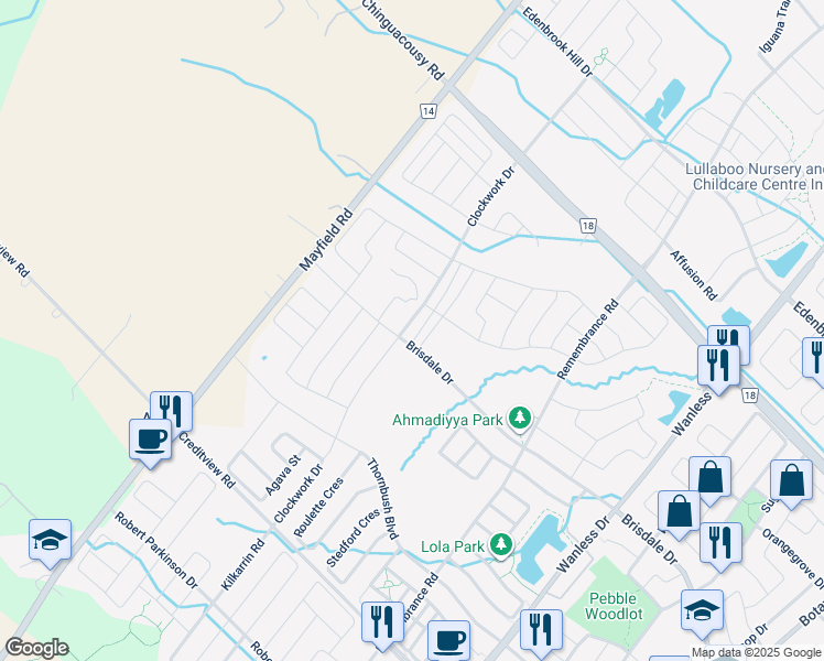 map of restaurants, bars, coffee shops, grocery stores, and more near 201 Clockwork Drive in Brampton