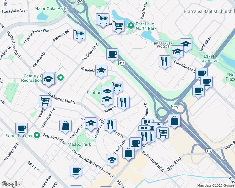 map of restaurants, bars, coffee shops, grocery stores, and more near Bingham Road in Brampton