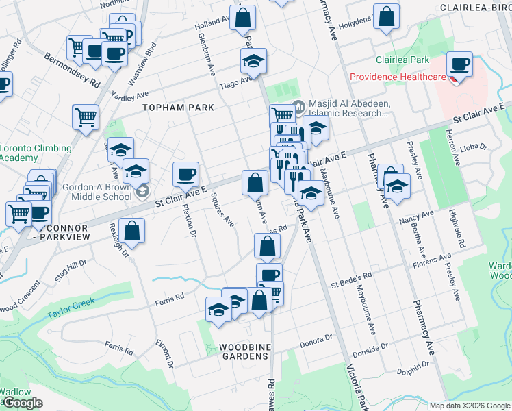 map of restaurants, bars, coffee shops, grocery stores, and more near 24 Glenburn Avenue in Toronto