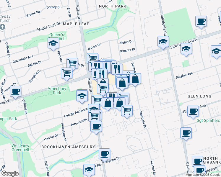 map of restaurants, bars, coffee shops, grocery stores, and more near 44 Colville Road in Toronto