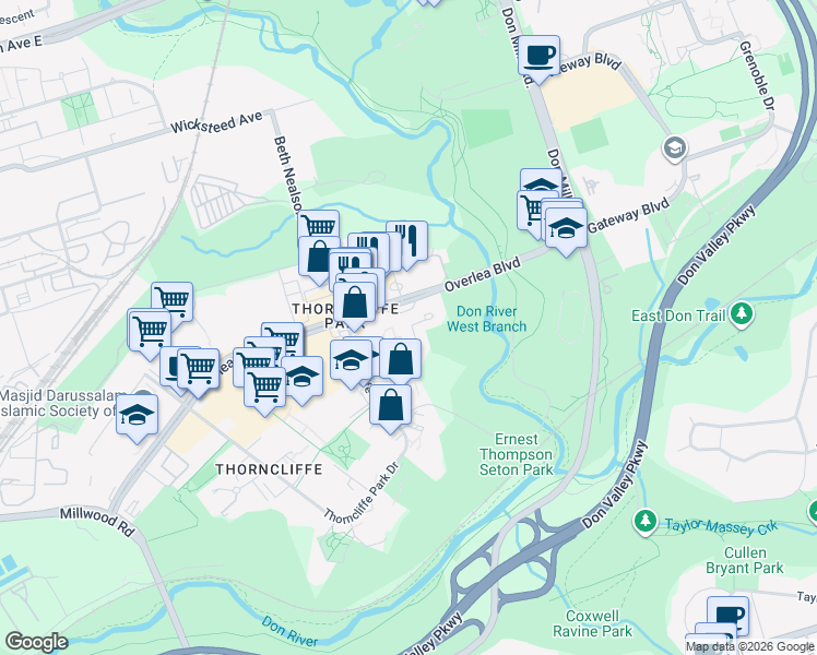 map of restaurants, bars, coffee shops, grocery stores, and more near 95 Thorncliffe Park Drive in Toronto