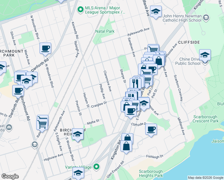 map of restaurants, bars, coffee shops, grocery stores, and more near in Toronto