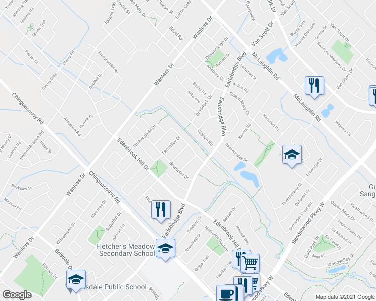 map of restaurants, bars, coffee shops, grocery stores, and more near 21 Midvale Road in Brampton