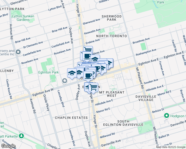 map of restaurants, bars, coffee shops, grocery stores, and more near 200 Eglinton Avenue East in Toronto