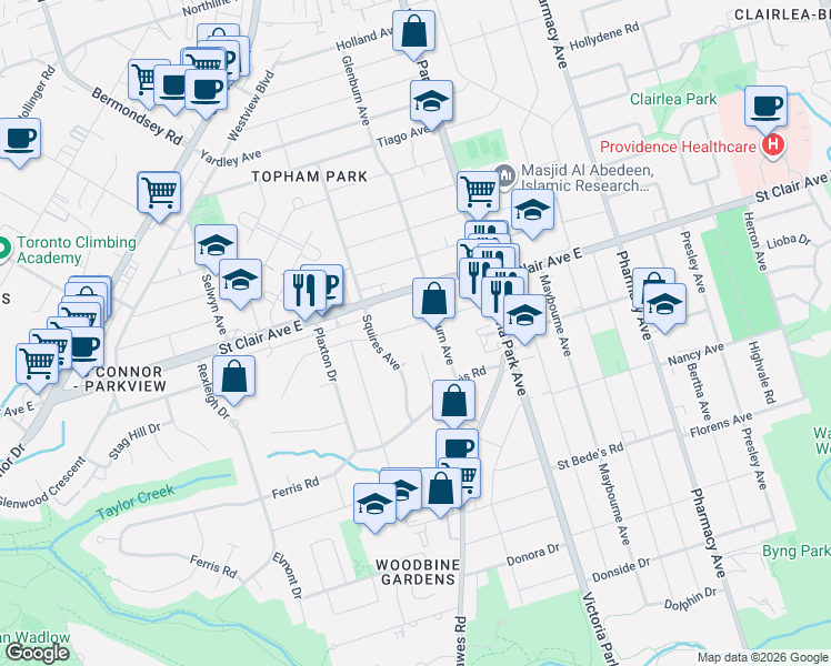map of restaurants, bars, coffee shops, grocery stores, and more near 91 Glencrest Boulevard in Toronto
