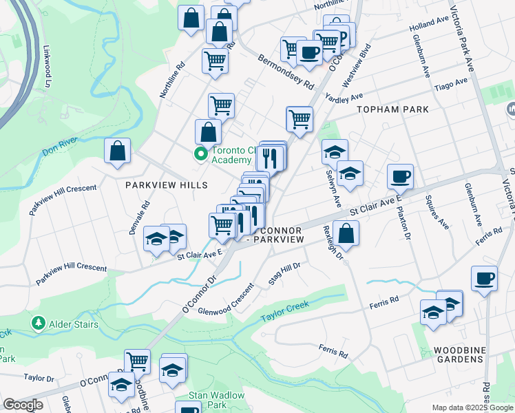 map of restaurants, bars, coffee shops, grocery stores, and more near 885a O'Connor Drive in Toronto