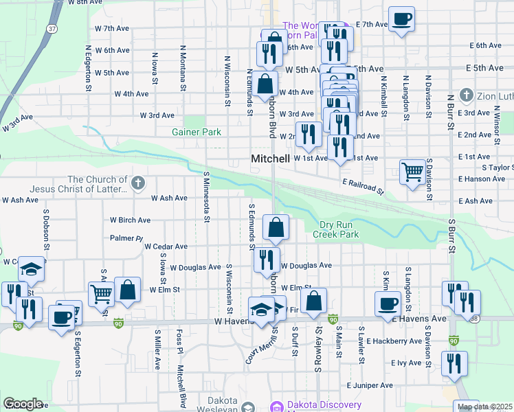 map of restaurants, bars, coffee shops, grocery stores, and more near 317 South Edmunds Street in Mitchell