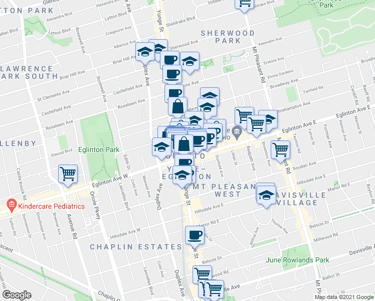 map of restaurants, bars, coffee shops, grocery stores, and more near 8 Eglinton Avenue East in Toronto