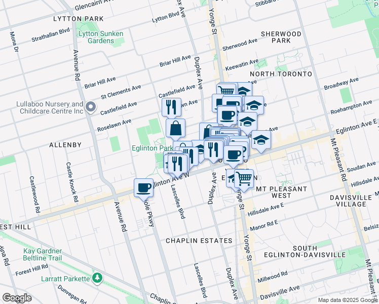 map of restaurants, bars, coffee shops, grocery stores, and more near in Toronto