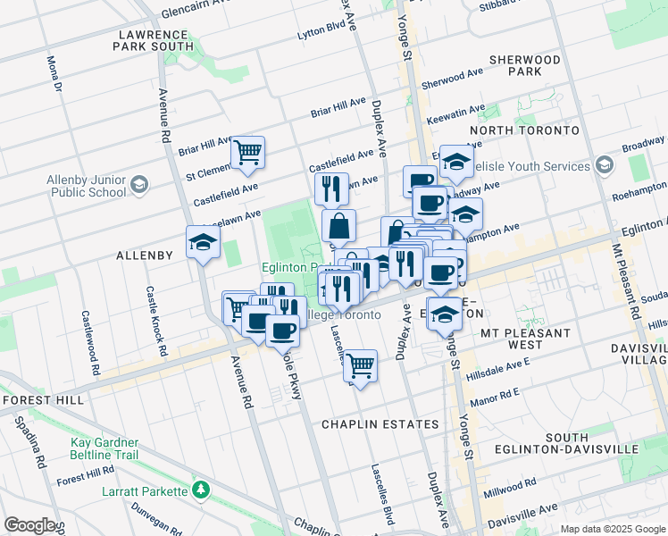 map of restaurants, bars, coffee shops, grocery stores, and more near in Toronto
