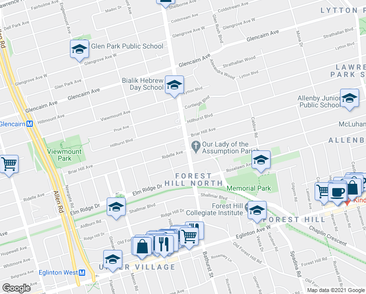 map of restaurants, bars, coffee shops, grocery stores, and more near 10-12 Ridelle Avenue in Toronto