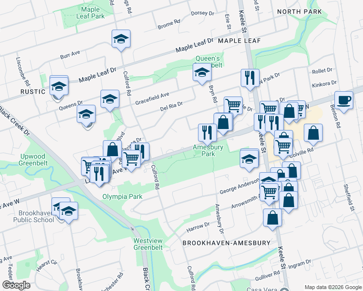 map of restaurants, bars, coffee shops, grocery stores, and more near 1524 Lawrence Avenue West in Toronto