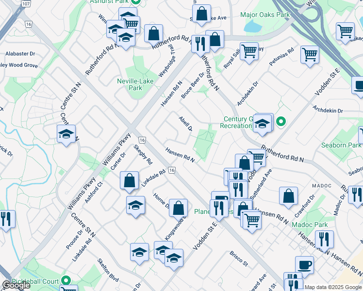 map of restaurants, bars, coffee shops, grocery stores, and more near 310 Hansen Road North in Brampton