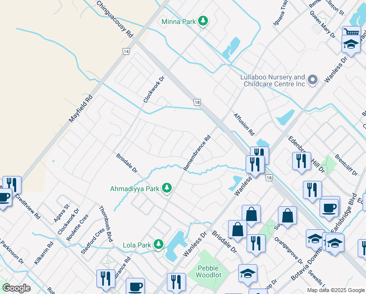 map of restaurants, bars, coffee shops, grocery stores, and more near 15 Action Drive in Brampton