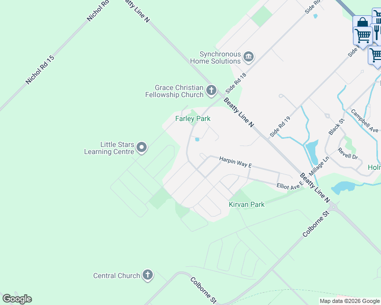 map of restaurants, bars, coffee shops, grocery stores, and more near 120 Farley Road in Centre Wellington