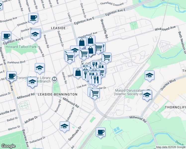 map of restaurants, bars, coffee shops, grocery stores, and more near in Toronto