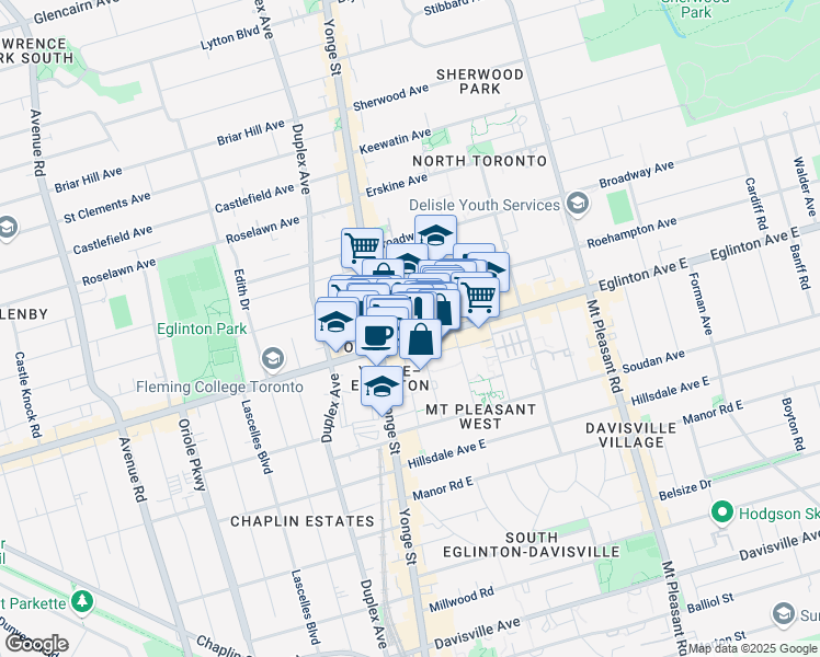 map of restaurants, bars, coffee shops, grocery stores, and more near 49 Eglinton Avenue East in Toronto