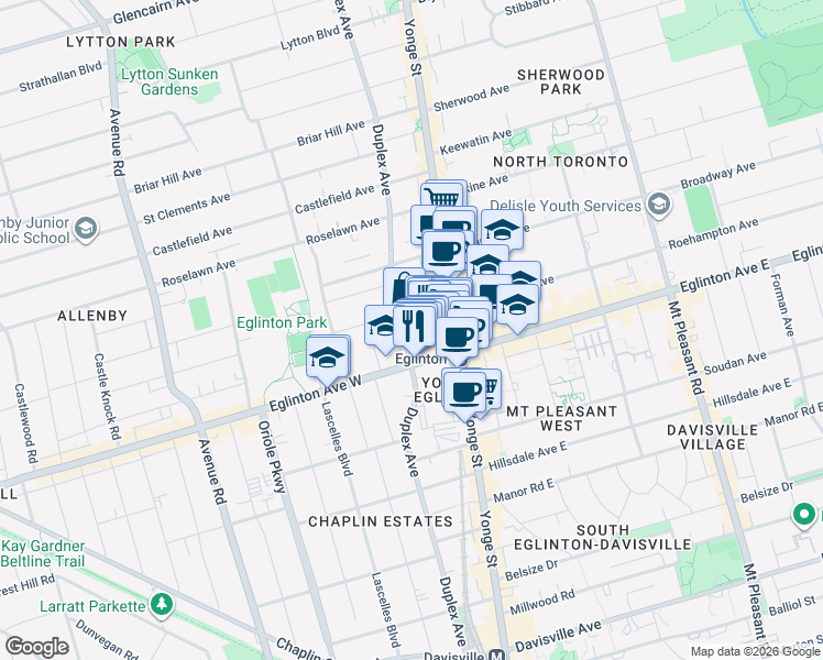 map of restaurants, bars, coffee shops, grocery stores, and more near 411 Duplex Avenue in Toronto