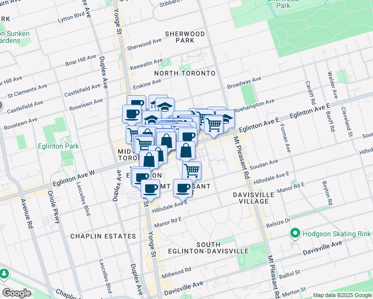 map of restaurants, bars, coffee shops, grocery stores, and more near 79 Dunfield Avenue in Toronto