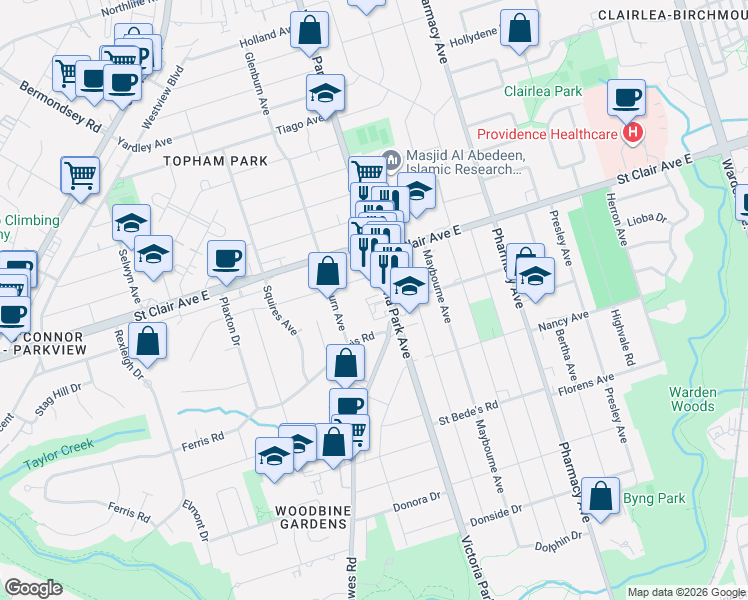 map of restaurants, bars, coffee shops, grocery stores, and more near 612 Dawes Road in Toronto