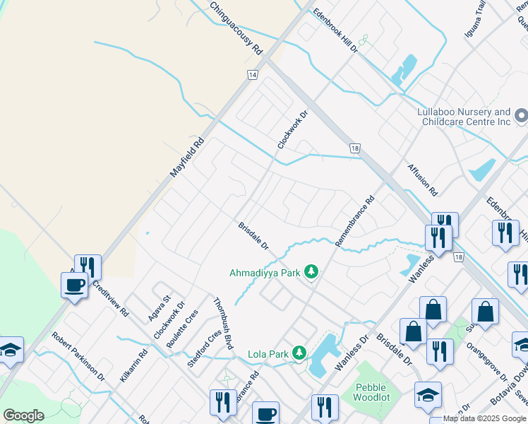 map of restaurants, bars, coffee shops, grocery stores, and more near 66 Action Drive in Brampton