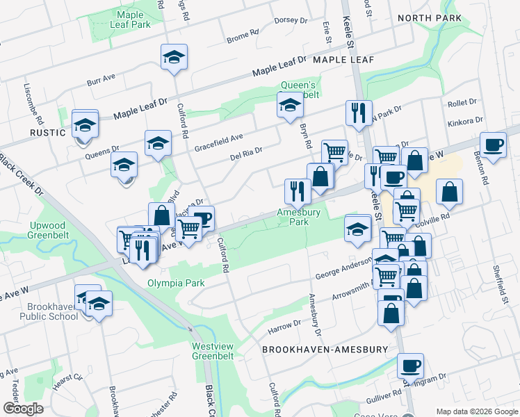map of restaurants, bars, coffee shops, grocery stores, and more near 1524 Lawrence Avenue West in Toronto