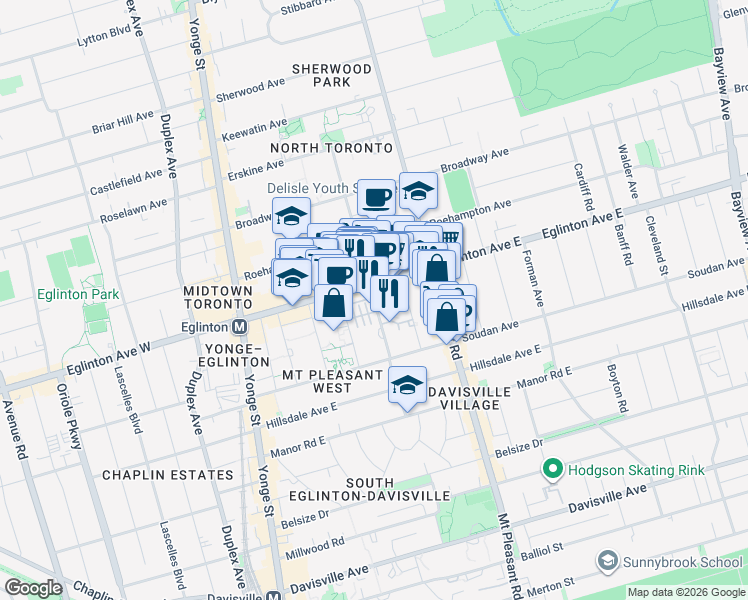 map of restaurants, bars, coffee shops, grocery stores, and more near Redpath Avenue in Toronto