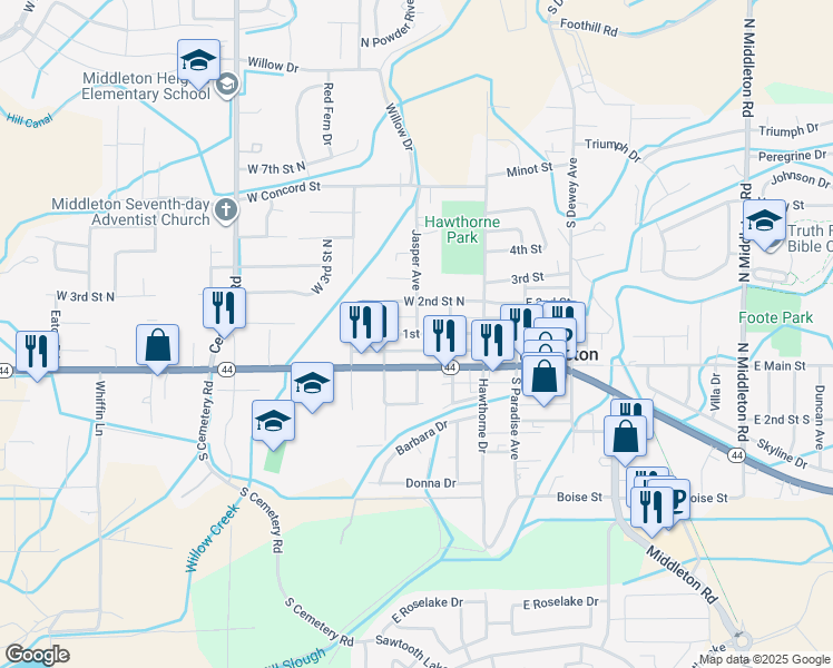 map of restaurants, bars, coffee shops, grocery stores, and more near West 1st Street North in Middleton
