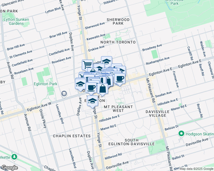 map of restaurants, bars, coffee shops, grocery stores, and more near 110 Eglinton Avenue East in Toronto