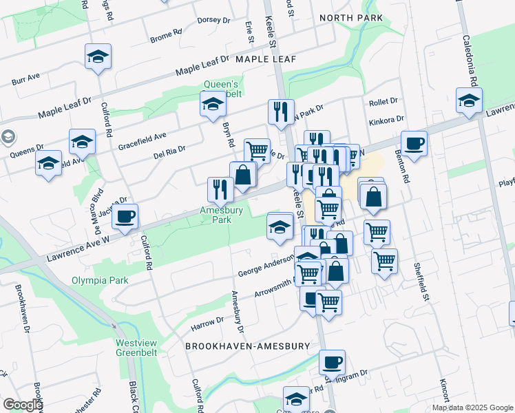 map of restaurants, bars, coffee shops, grocery stores, and more near 47 Candlewood Crescent in Toronto