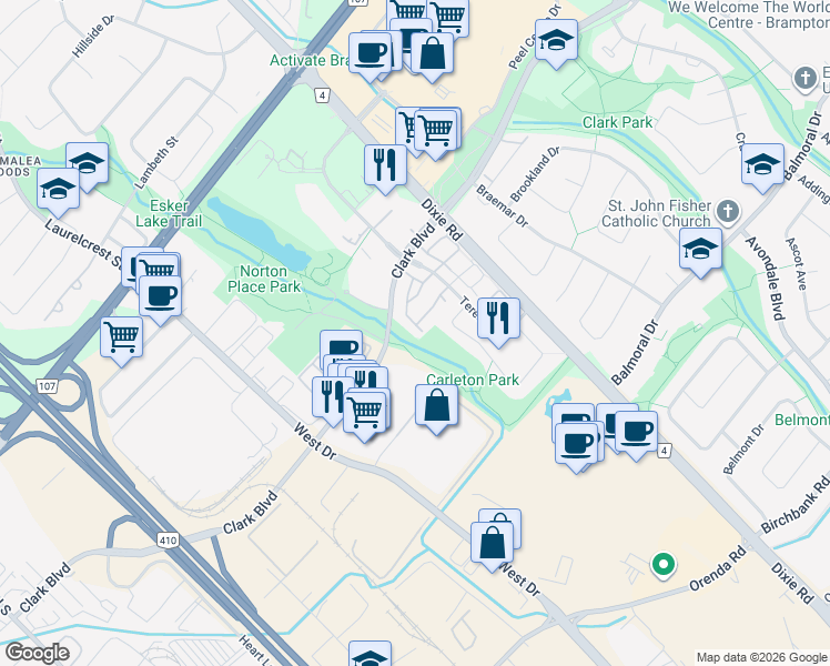 map of restaurants, bars, coffee shops, grocery stores, and more near 88 Carleton Place in Brampton
