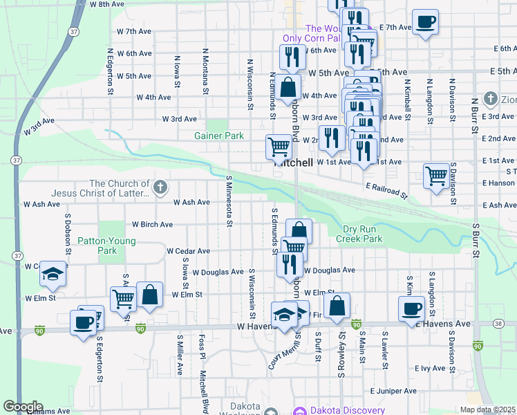 map of restaurants, bars, coffee shops, grocery stores, and more near 301-399 South Wisconsin Street in Mitchell