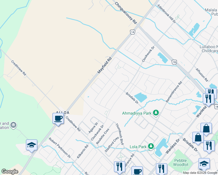 map of restaurants, bars, coffee shops, grocery stores, and more near in Brampton