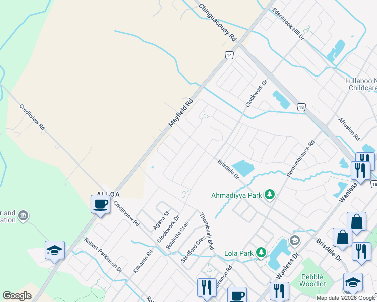 map of restaurants, bars, coffee shops, grocery stores, and more near 12 Junior Road in Brampton