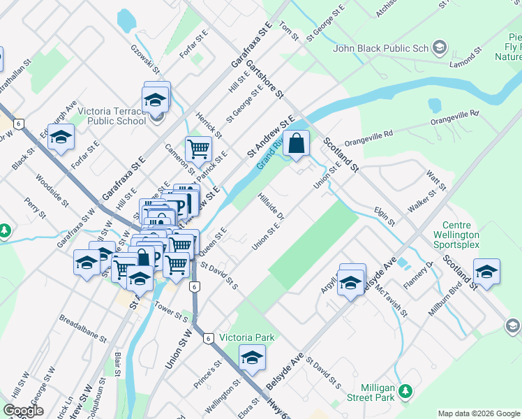 map of restaurants, bars, coffee shops, grocery stores, and more near 360 Queen Street East in Fergus
