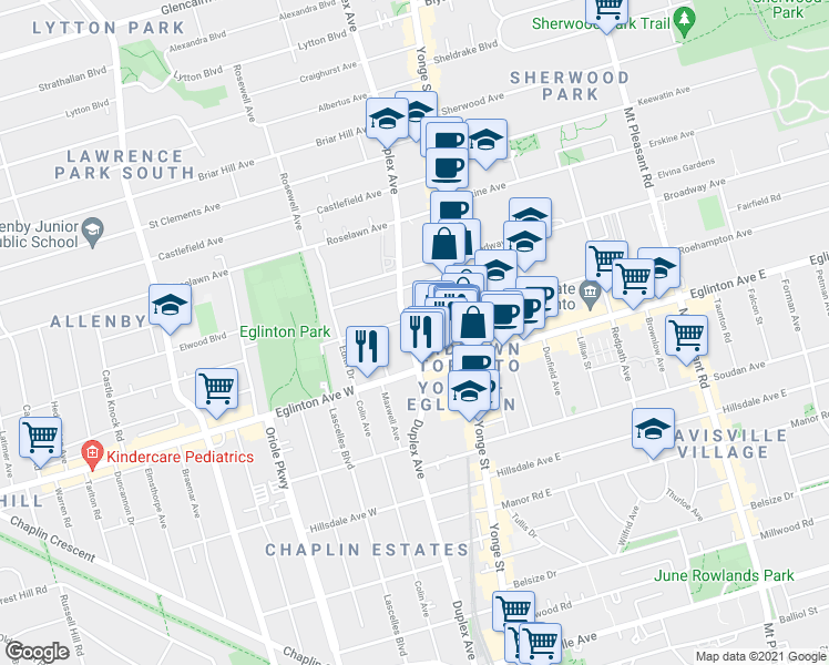 map of restaurants, bars, coffee shops, grocery stores, and more near 411 Duplex Avenue in Toronto