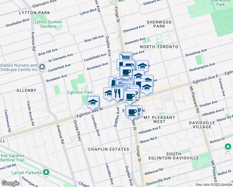 map of restaurants, bars, coffee shops, grocery stores, and more near 411 Duplex Avenue in Toronto