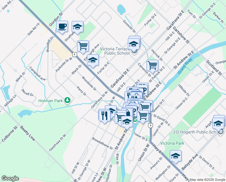 map of restaurants, bars, coffee shops, grocery stores, and more near 450 Saint David Street North in Fergus