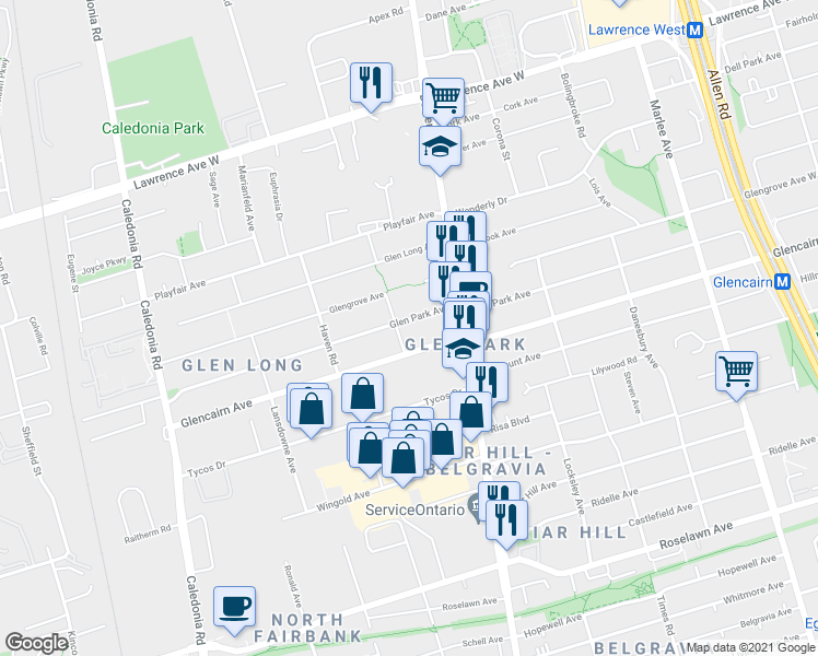 map of restaurants, bars, coffee shops, grocery stores, and more near 437 Glen Park Avenue in Toronto