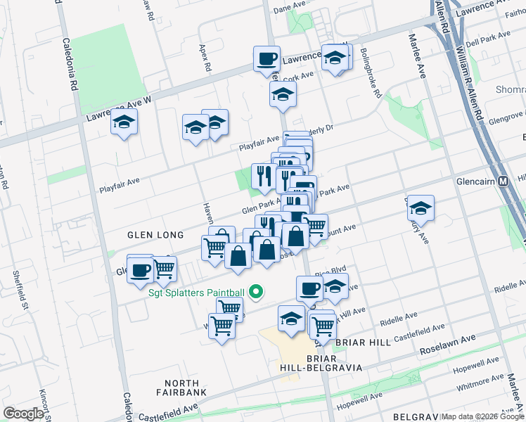 map of restaurants, bars, coffee shops, grocery stores, and more near 437 Glen Park Avenue in Toronto