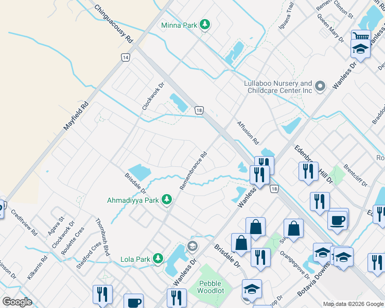 map of restaurants, bars, coffee shops, grocery stores, and more near 5 Loomis Road in Brampton